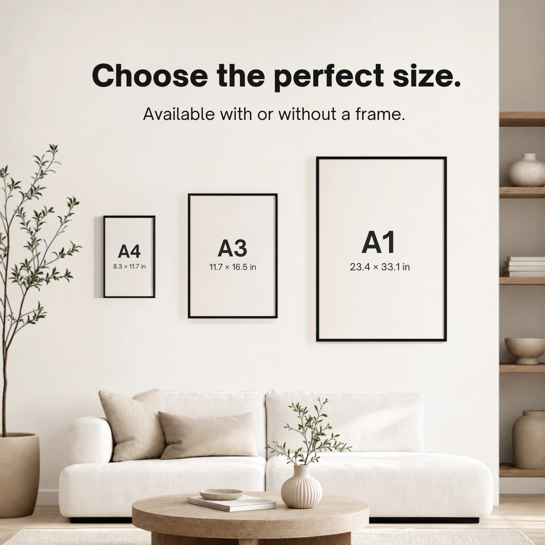 Size guide: A4 8.3x11.7in, A3 11.7x16.5in, A1 23.4x33.1in