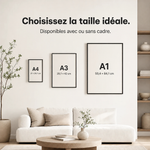 Guide des tailles : A4 21x29,7cm, A3 29,7x42cm, A1 59,4x84,1cm